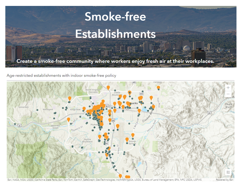 map with little dots showing where smoke-free establishments are